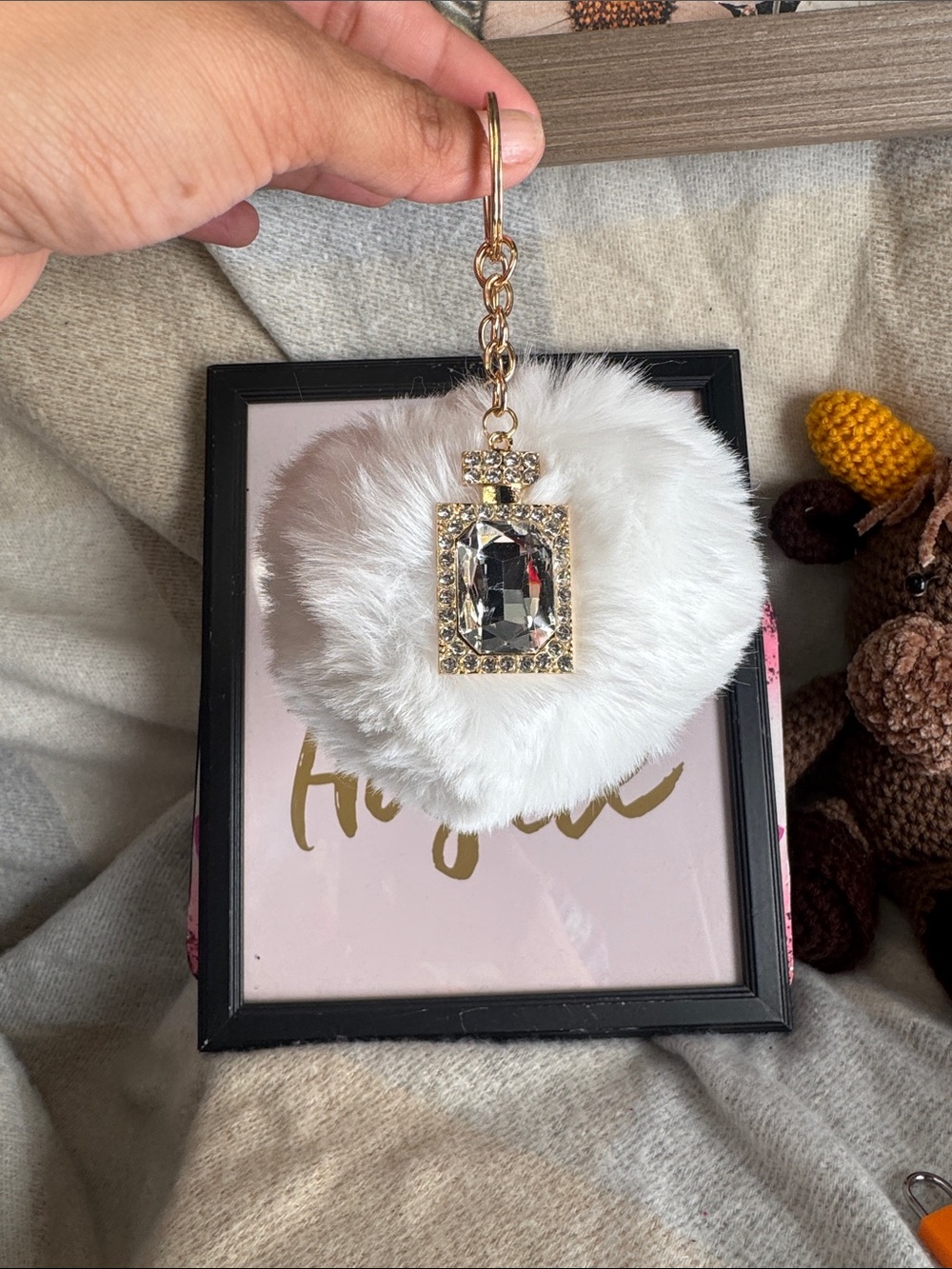 White Faux Fur Pom Pom Keychain with Gold Crystal Charm